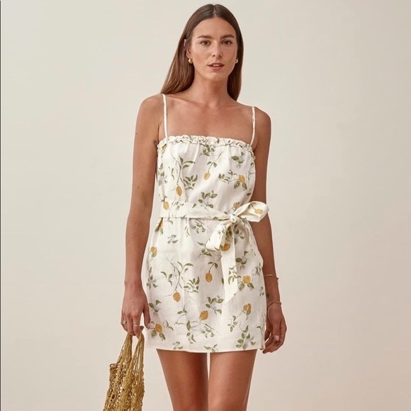 Reformation Ama Linen mini dress in Citron lemon print - Picture 1 of 6